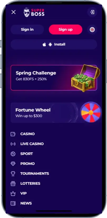 Меню в казино Superboss